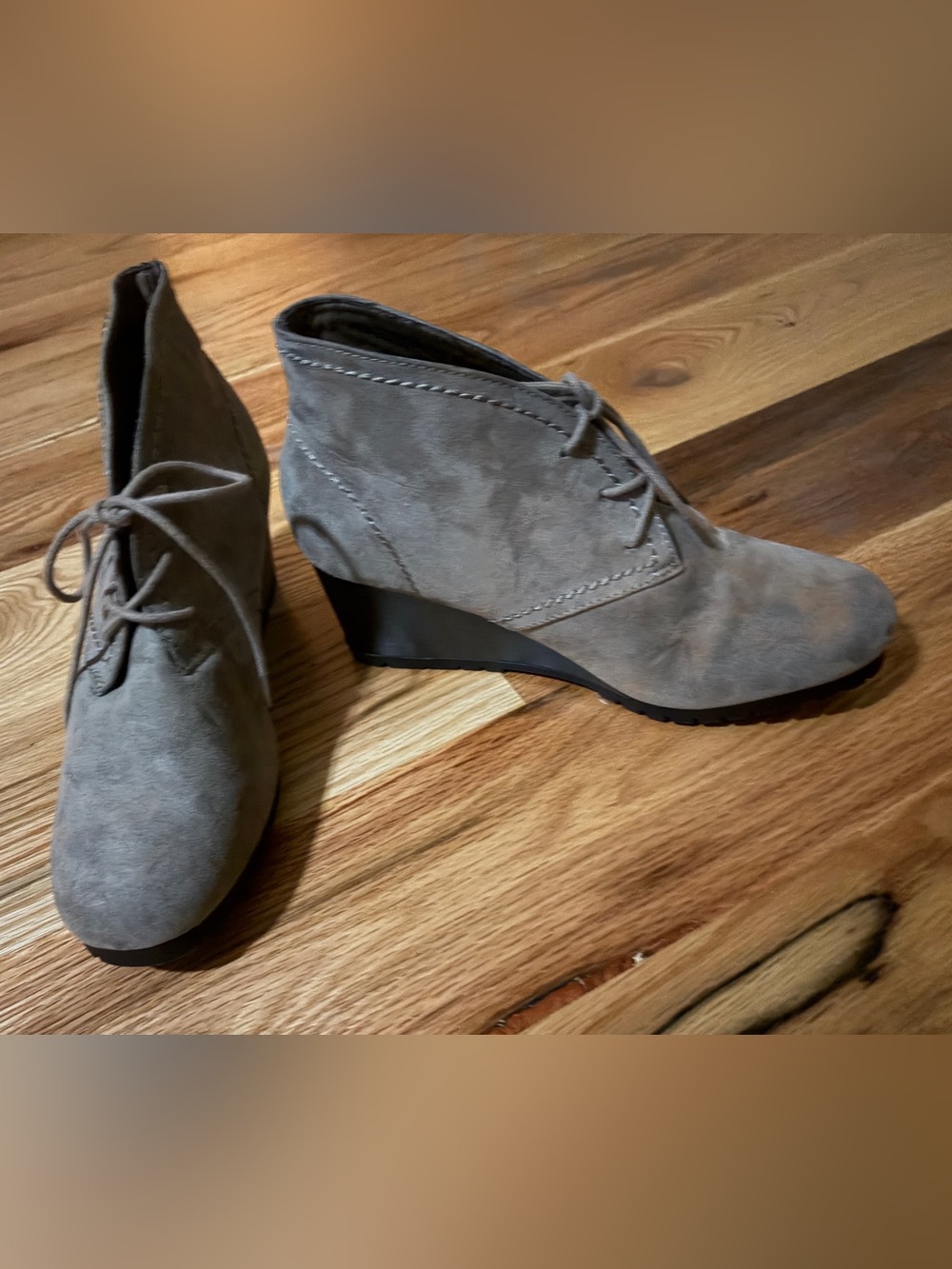 Suede Wedge Ankle Bootie in Gray - Women's Lace-Up